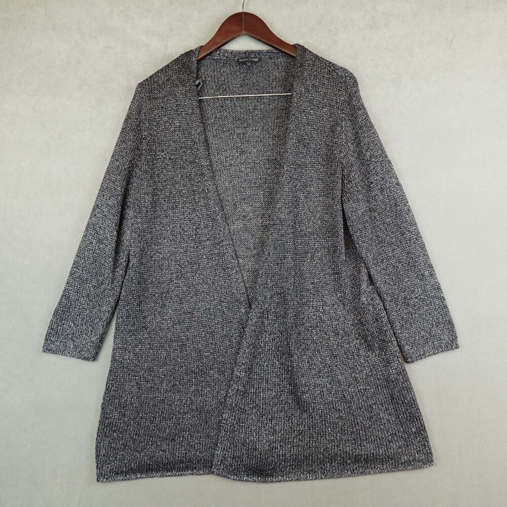 Eileen Fisher Cardigan Knit Open Front Metallic Long Sleeve Size Medium Linen